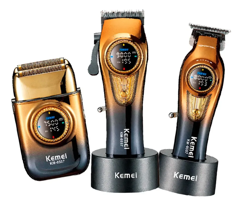 Kit Cortadora De Cabello + Patillera + Shaver Kemei Km-8557 Dorado