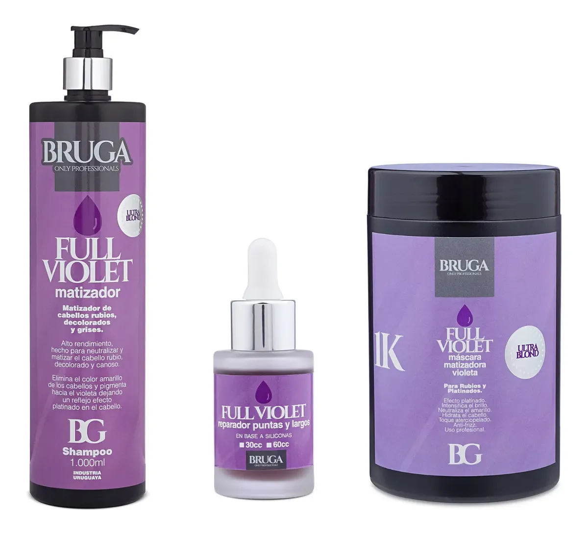 Shampoo Máscara Y Reparador Pack Matizador Bruga Full Violet 1