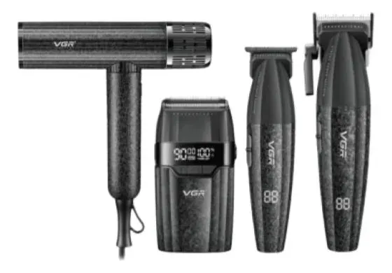 Kit Maquina, Patillera, Rasuradora Y Secador Vgr V-640 S4 Negro