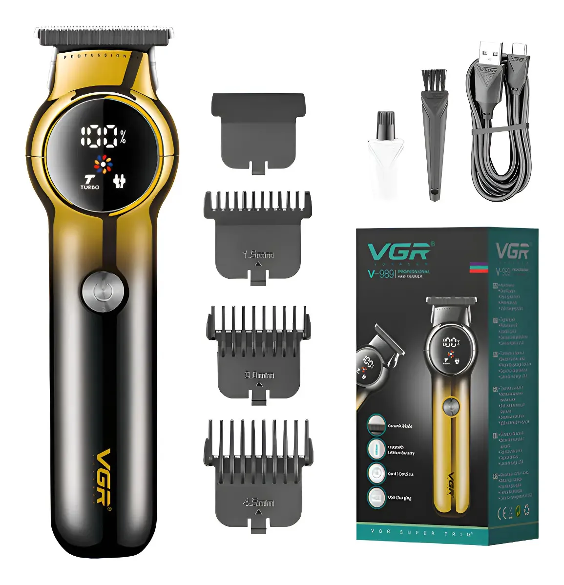 Máquina Patillera Profesional Vgr V-989 Turbo Pantalla Led Negro Y Dorado